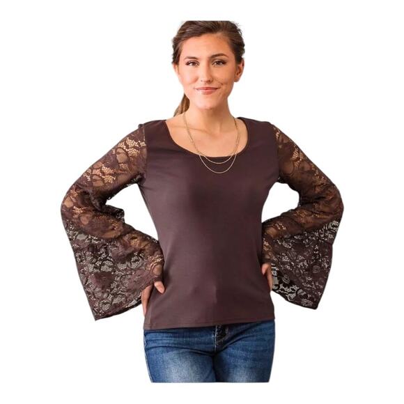 willow-root NWT Women’s Fitted Knit Top Contrast Lace Bell Sleeves Raisin Small - Picture 16 of 16